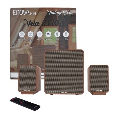 Sistema de colunas Enova HiFi Vintage Serie Vela 2.110A com três colunas em madeira e controle remoto