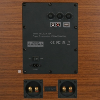 Painel traseiro de aparelho de som em madeira com entradas e reguladores