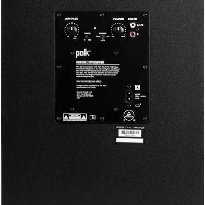 Subwoofer Polk Monitor T30 preto com controlo de volume e entradas na parte traseira
