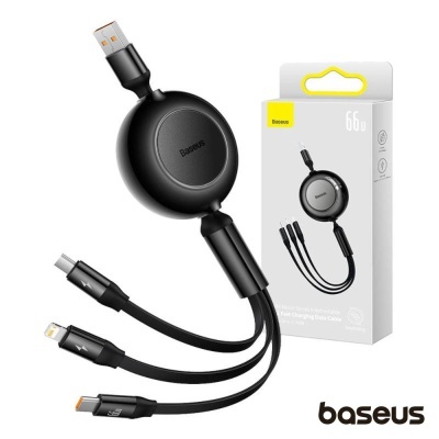 Cabo USB-A Macho p/ Lightning/USB-C PD/MicroUSB 66W BASEUS