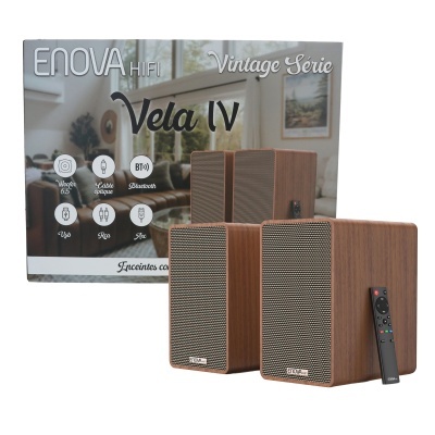 Colunas vintage em madeira com controle remoto e embalagem ENOVA HIFI Vela IV