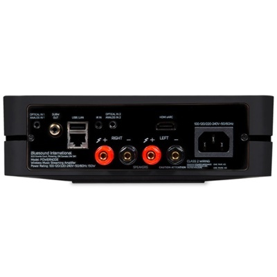 Parte traseira de amplificador estéreo com portas e conectores