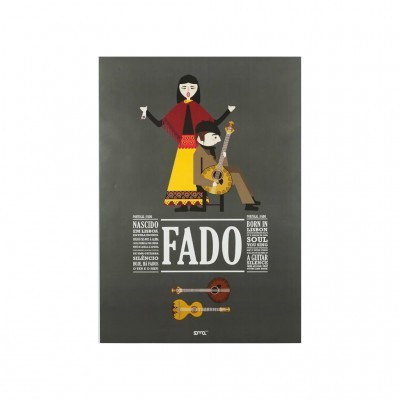 Pôster ilustrado com personagens e texto FADO em fundo cinza escuro