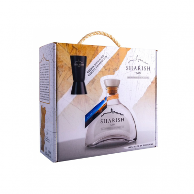 Embalagem de gin Sharish com garrafa e medidor preto