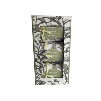 Conjunto de três sabonetes artesanais embalagem verde e branco com padrão de folhas