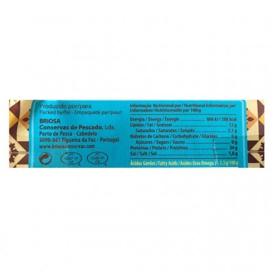 Etiqueta azul com informações nutricionais e dados do produtor BRIOSA