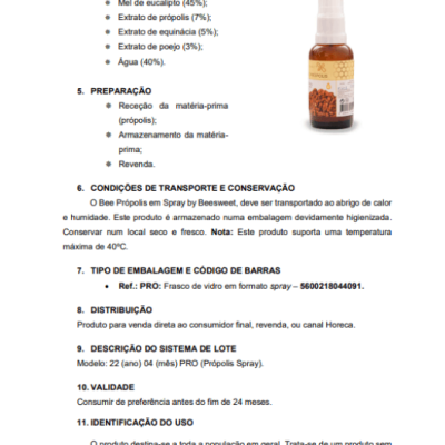 Frasco spray de vidro castanho com spray branco e etiqueta ilustrativa de própolis