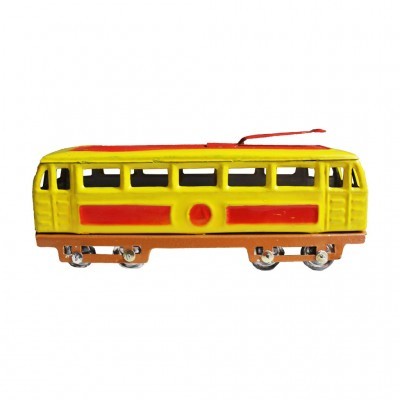 Miniatura de eléctrico amarelo e vermelho com rodas metálicas