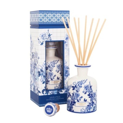 Difusor fragrâncias vidro branco padrão azul floral com pauzinhos de madeira e caixa decorativa