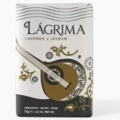 Sabonete embalagem com design branco preto dourado e texto LÁGRIMA LAVANDA E JASMIM