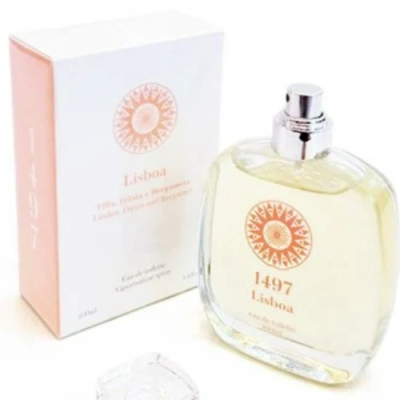Frasco de perfume 1497 Lisboa com caixa branca e rosa