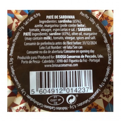 Etiqueta de paté de sardinha com ingredientes e informações de produção