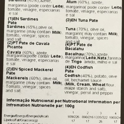 Rótulo de embalagem de patês gourmet com tabelas de informações nutricionais e ingredientes em português, inglês e francês