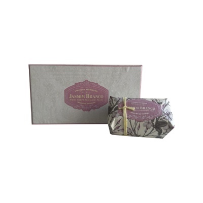 Caixa e sabonete com embalagem floral e etiqueta rosa Jasmim Branco