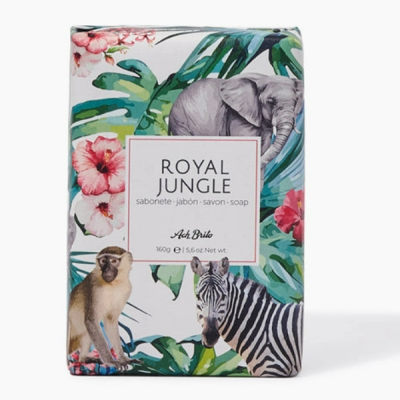 Sabonete Royal Jungle com animais e folhagem em embalagem colorida