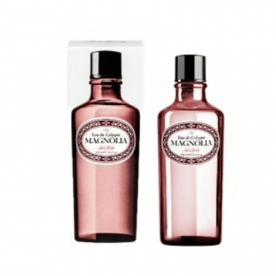 Garrafas de Eau de Cologne Magnolia em vidro rosa com rótulo branco e caixa branca