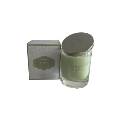 Vela perfumada verde com caixa branca e tampa metálica