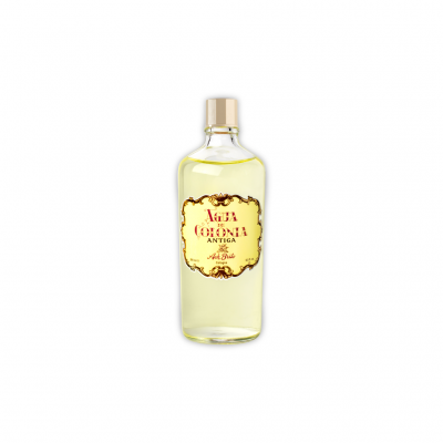 Garrafa de água de colónia Antiga com rótulo dourado e vermelho