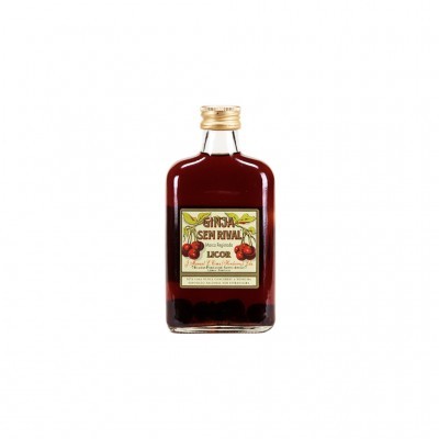 Garrafa retangular de licor de ginja com rótulo e tampa dourada