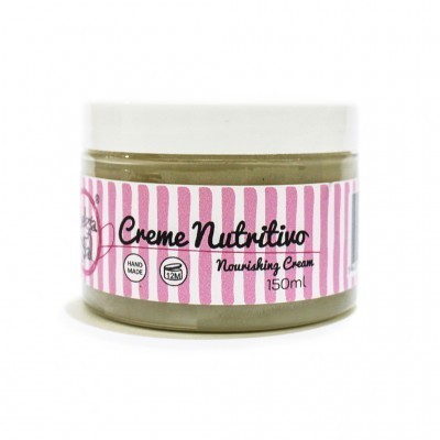 Frasco de creme nutritivo com rótulo rosa e branco e tampa branca