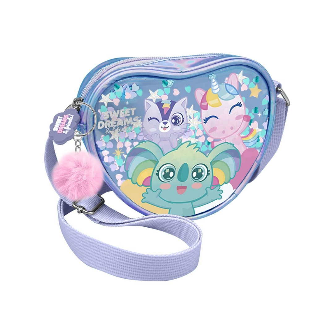 Bolsa tiracolo infantil lilás com personagens coloridos e pompom rosa.