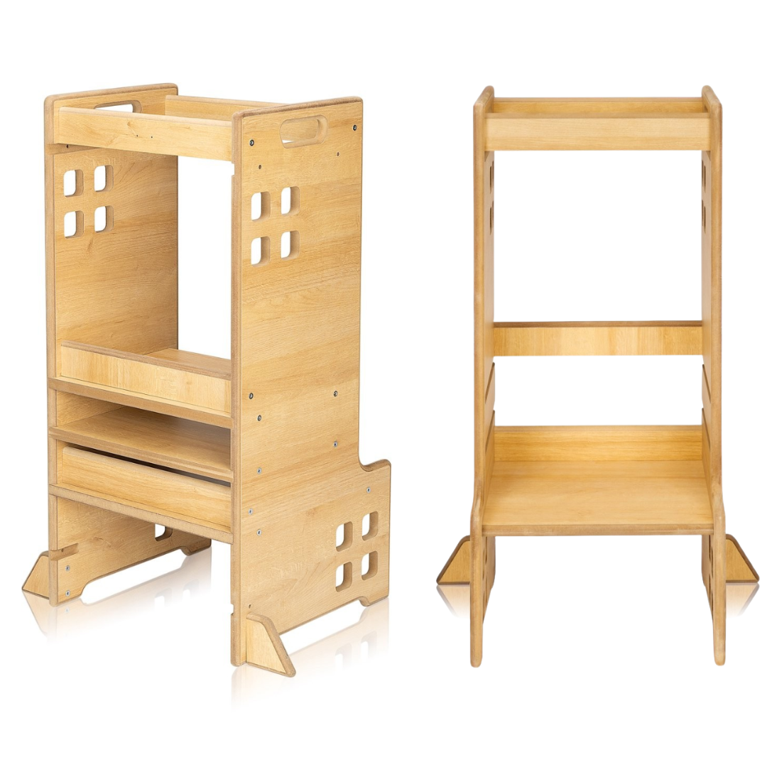 Torre de aprendizagem Montessori 2 em 1 Cass - madeira natural ou branco