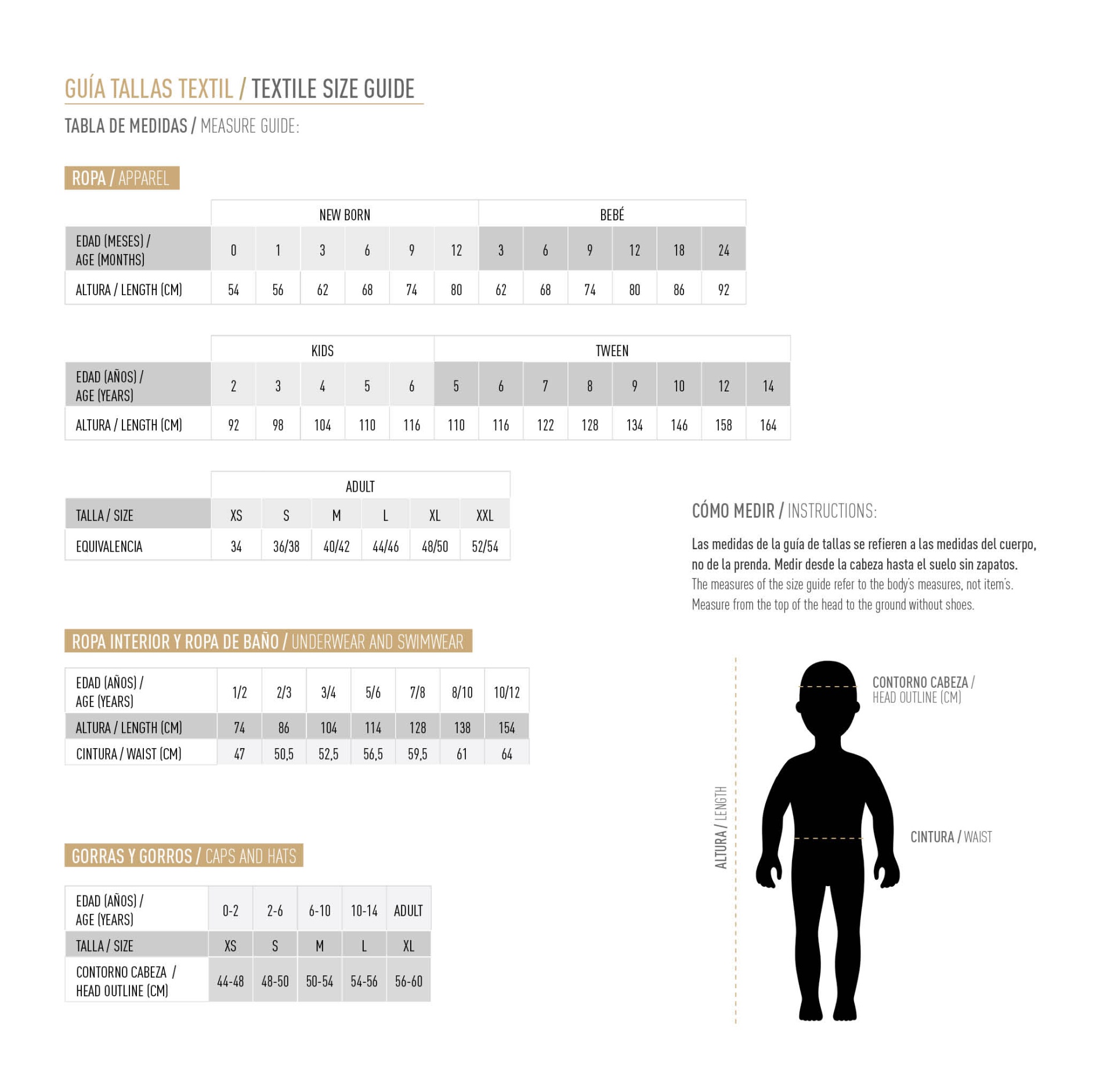 Tabela de guia de tamanhos têxtil para roupa, roupa interior, banho e gorros com medidas e idade