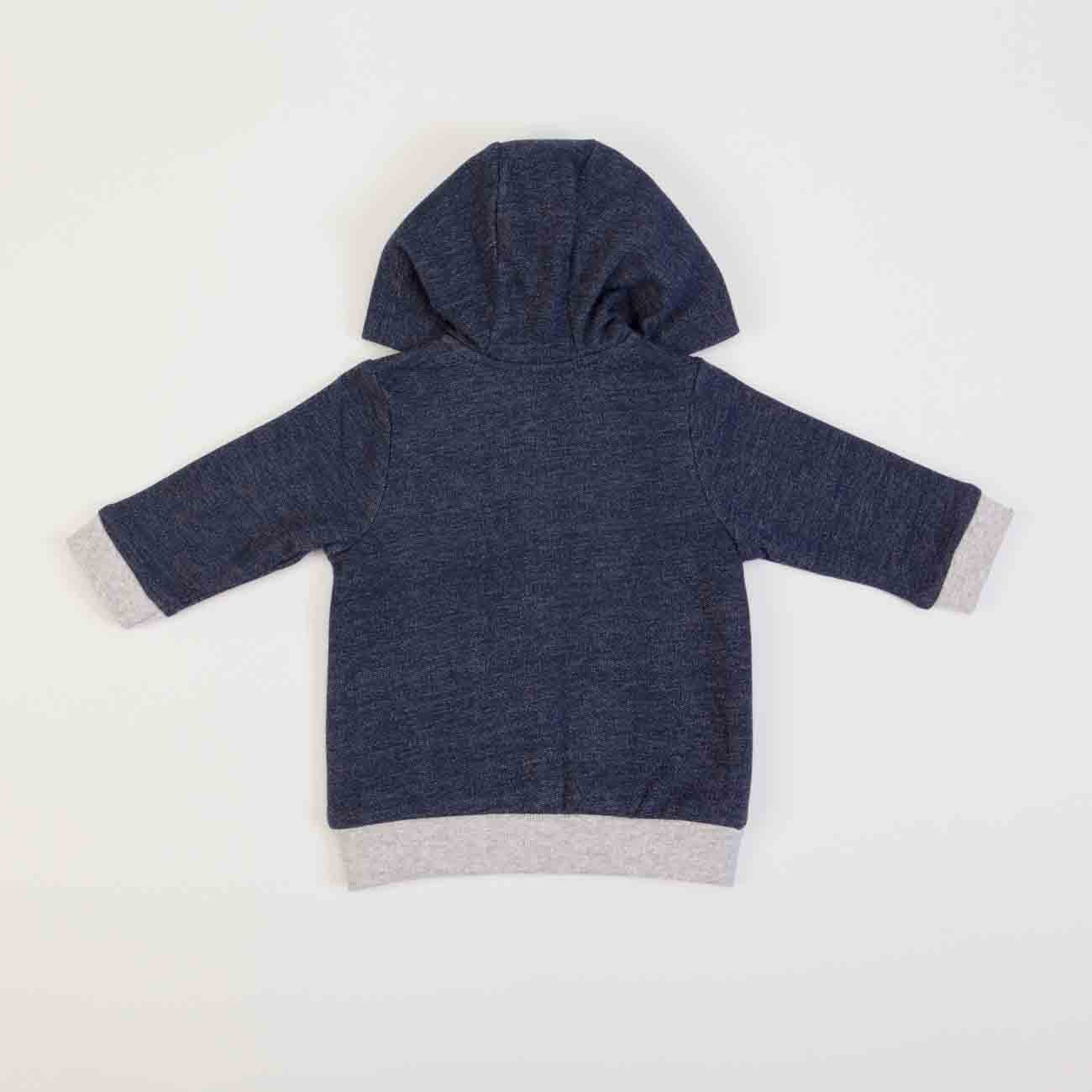 Camisola com capuz azul escuro com detalhes cinzento claro