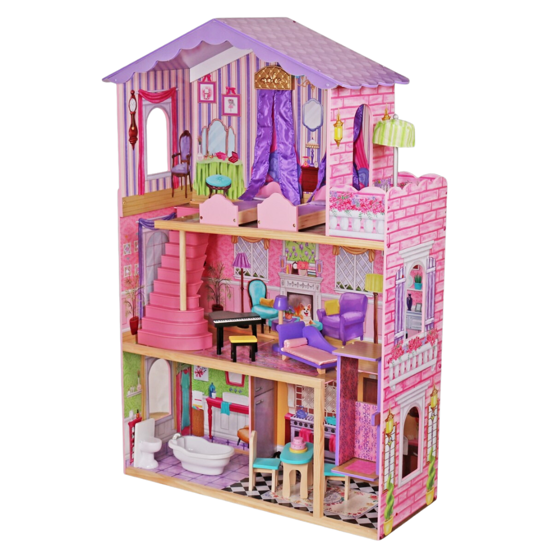 Casa de bonecas de três andares rosa e lilás com mobiliário e decoração variada