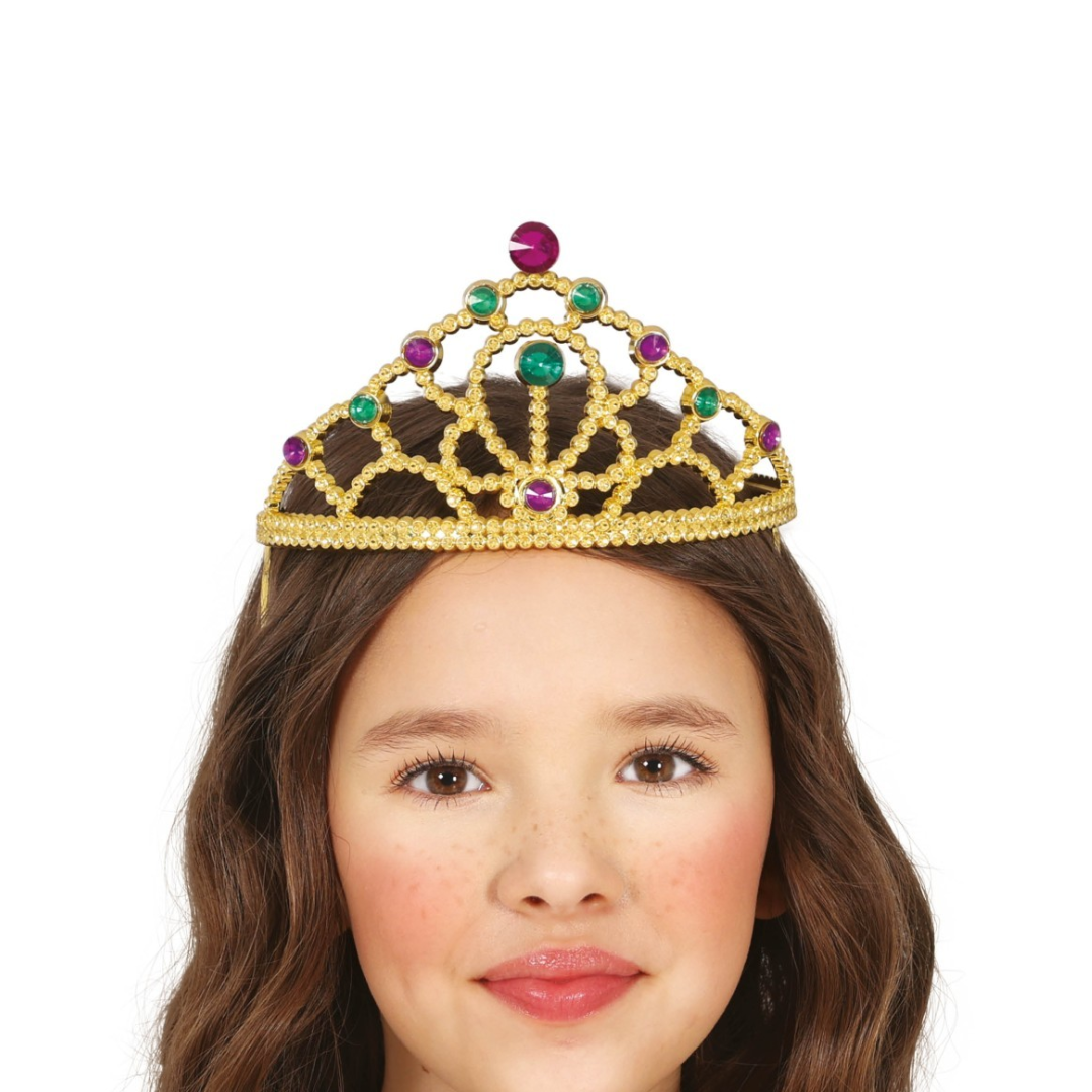 Tiara dourada com pedras coloridas