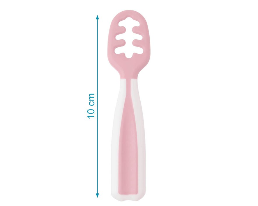 Colher rosa e branca para bebé com 10 cm de comprimento