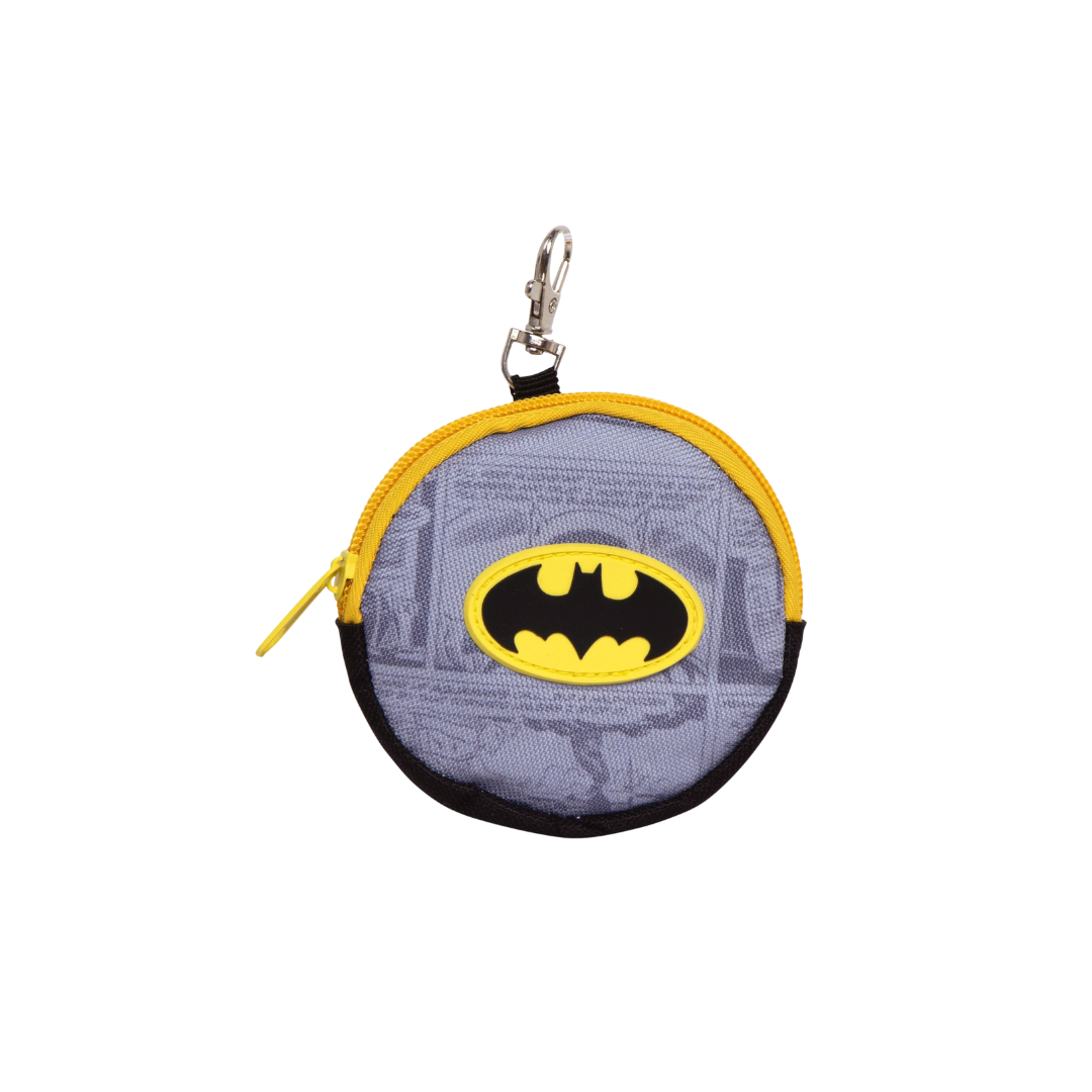 Bolsa redonda cinza e amarela com símbolo do Batman e mosquetão