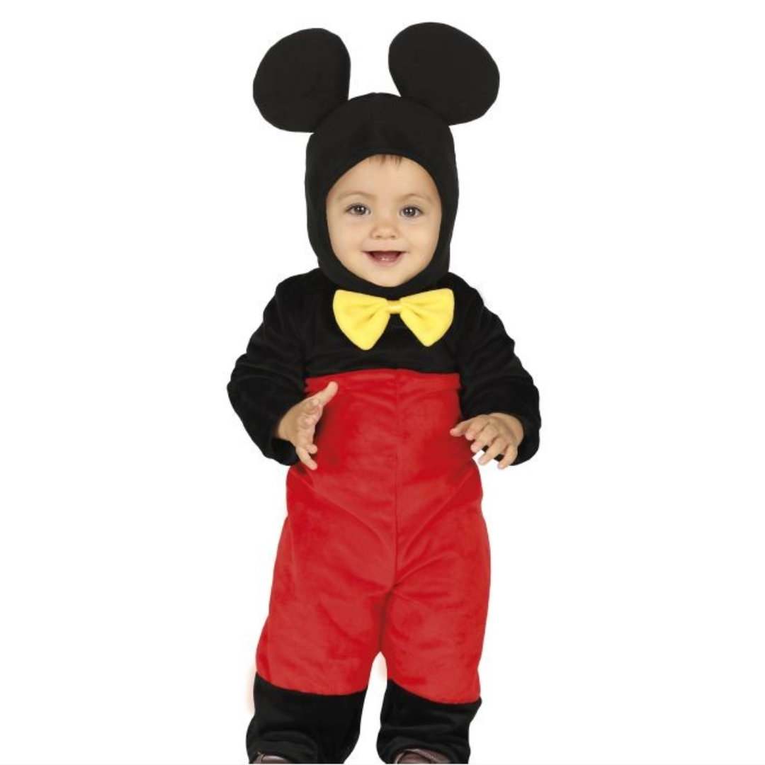 Fato de bebé Mickey com orelhas redondas no capuz, cor preta, vermelho e amarelo