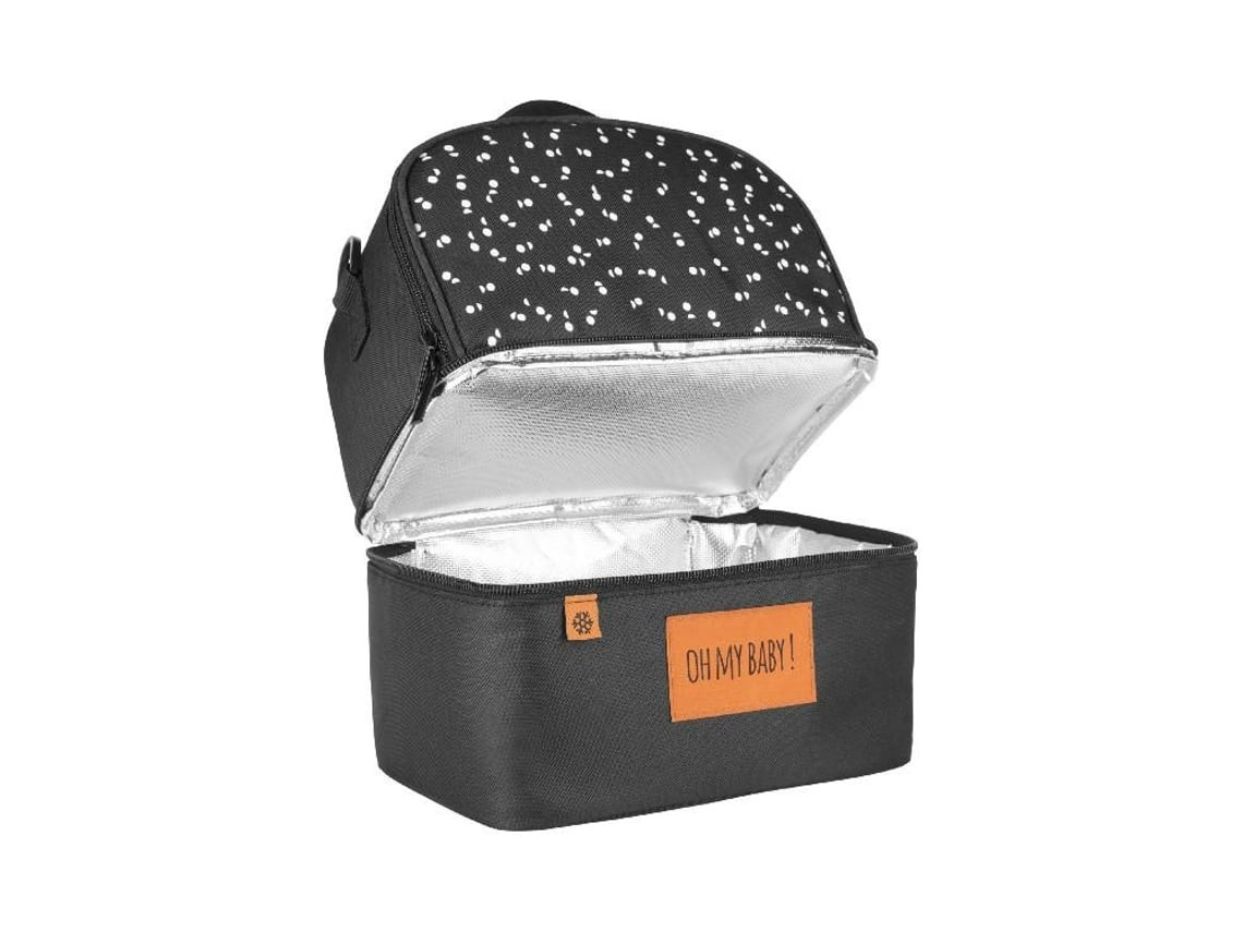 Bolsa térmica preta com padrão branco e etiqueta castanha OH MY BABY