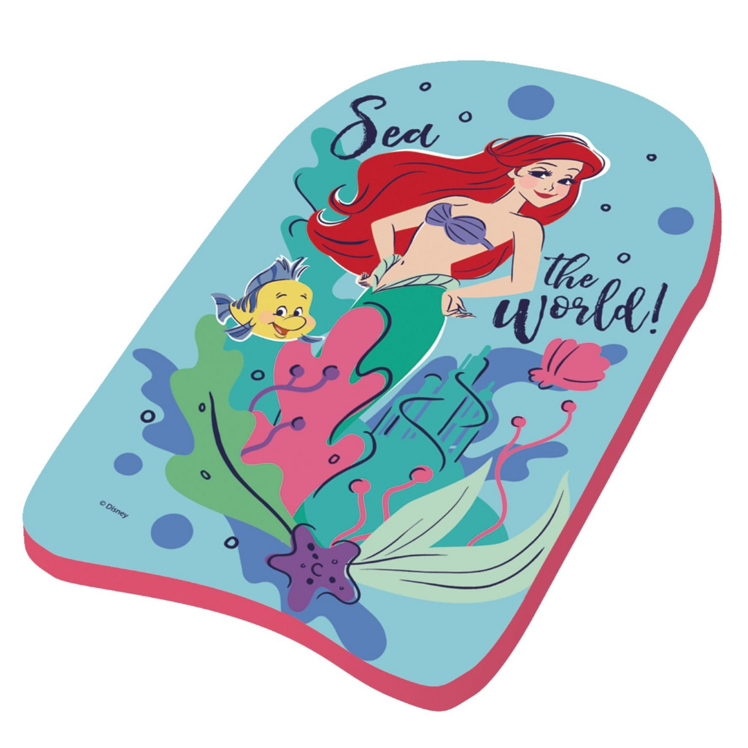 Prancha de natação azul com personagem Ariel e texto Sea the world!