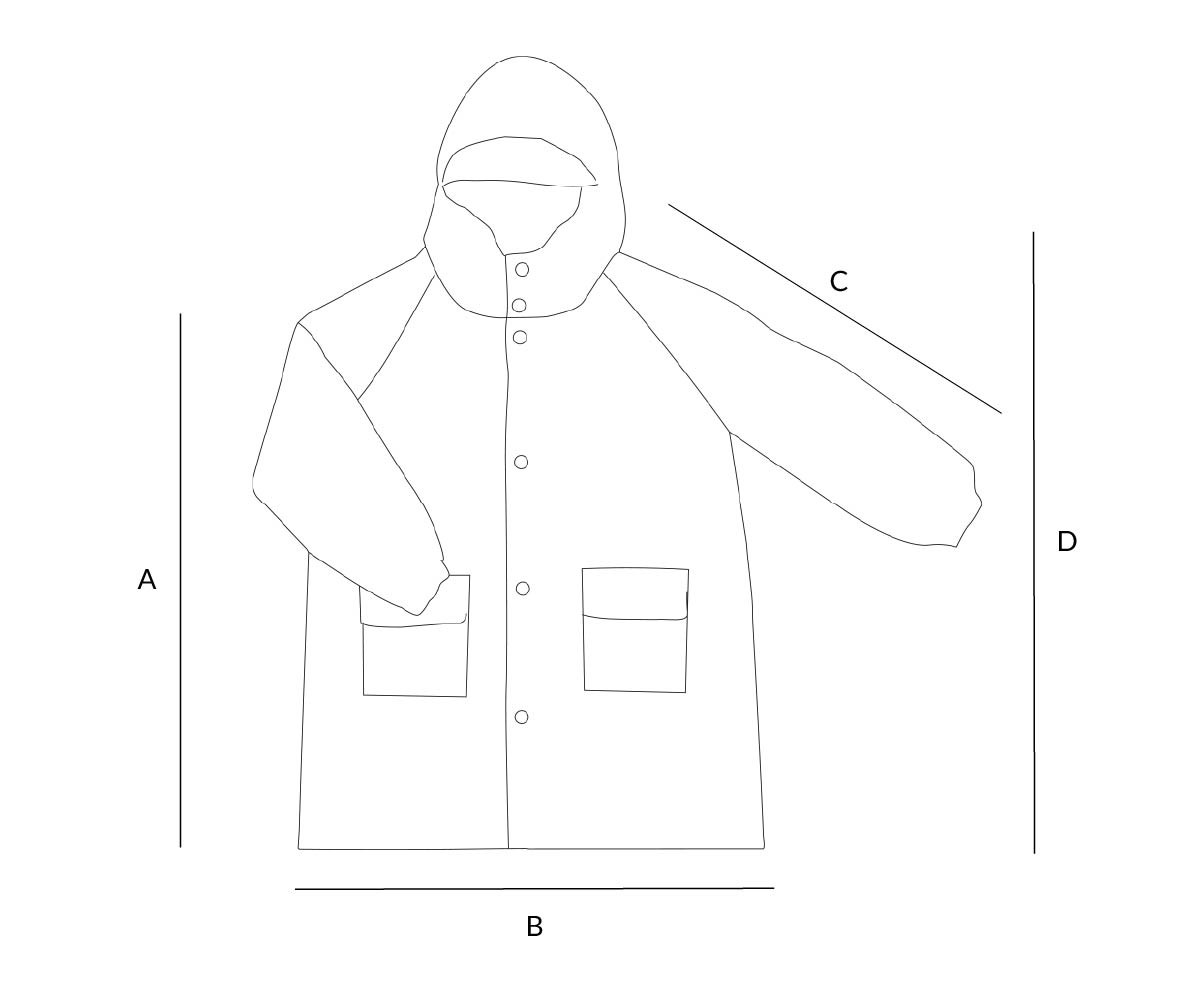Desenho técnico de casaco impermeável com capuz, botões e bolsos frontais.