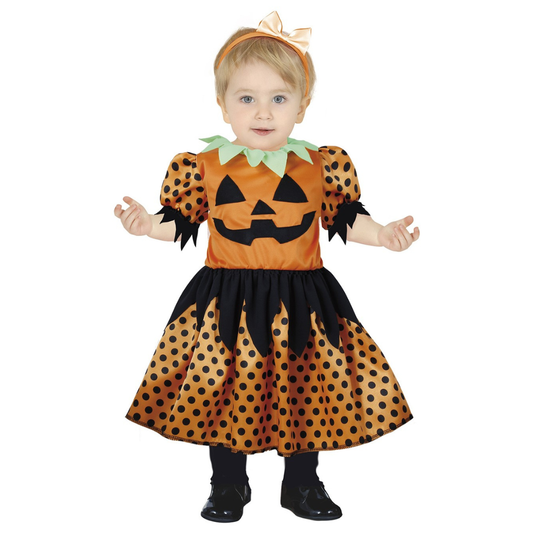 Vestido infantil fantasia Halloween abóbora laranja preto bolinhas verdes faixa cabelo laço