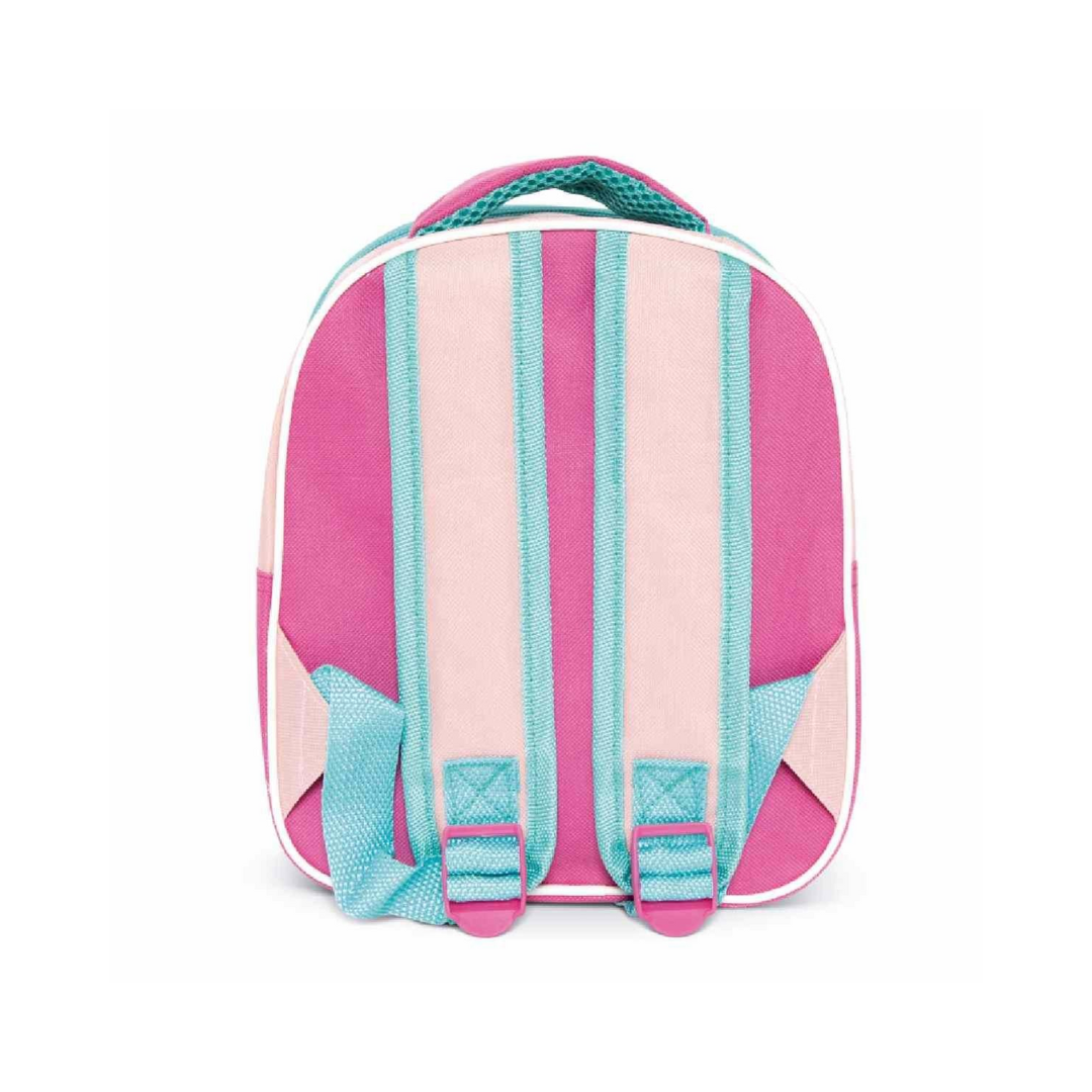 Mochila pequena rosa e azul com alças acolchoadas