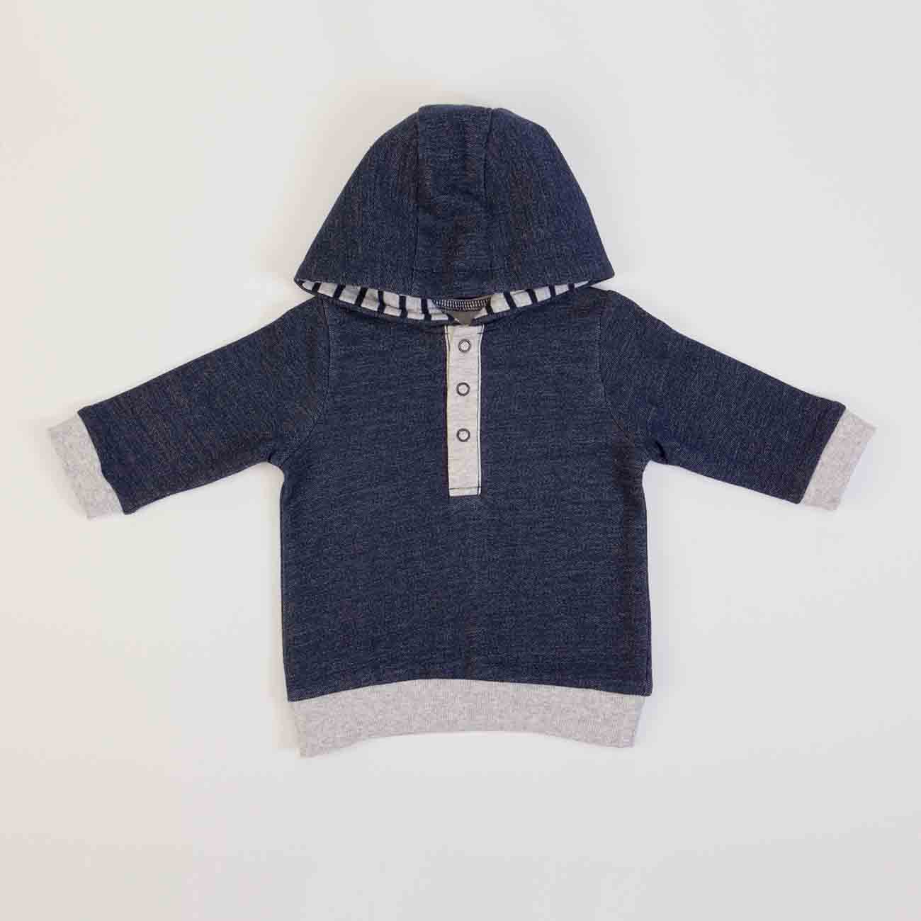 Camisola de criança azul escuro com capuz e punhos cinza