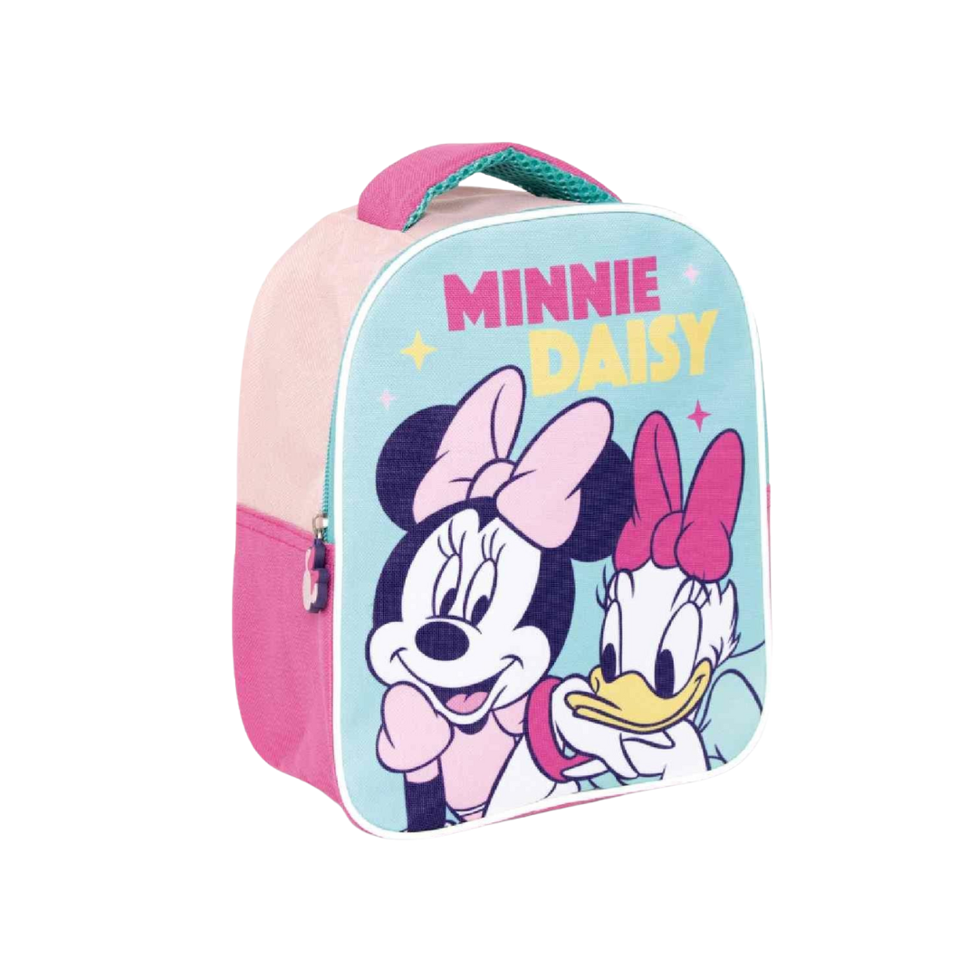 Mochila infantil rosa com estampa de Minnie e Daisy