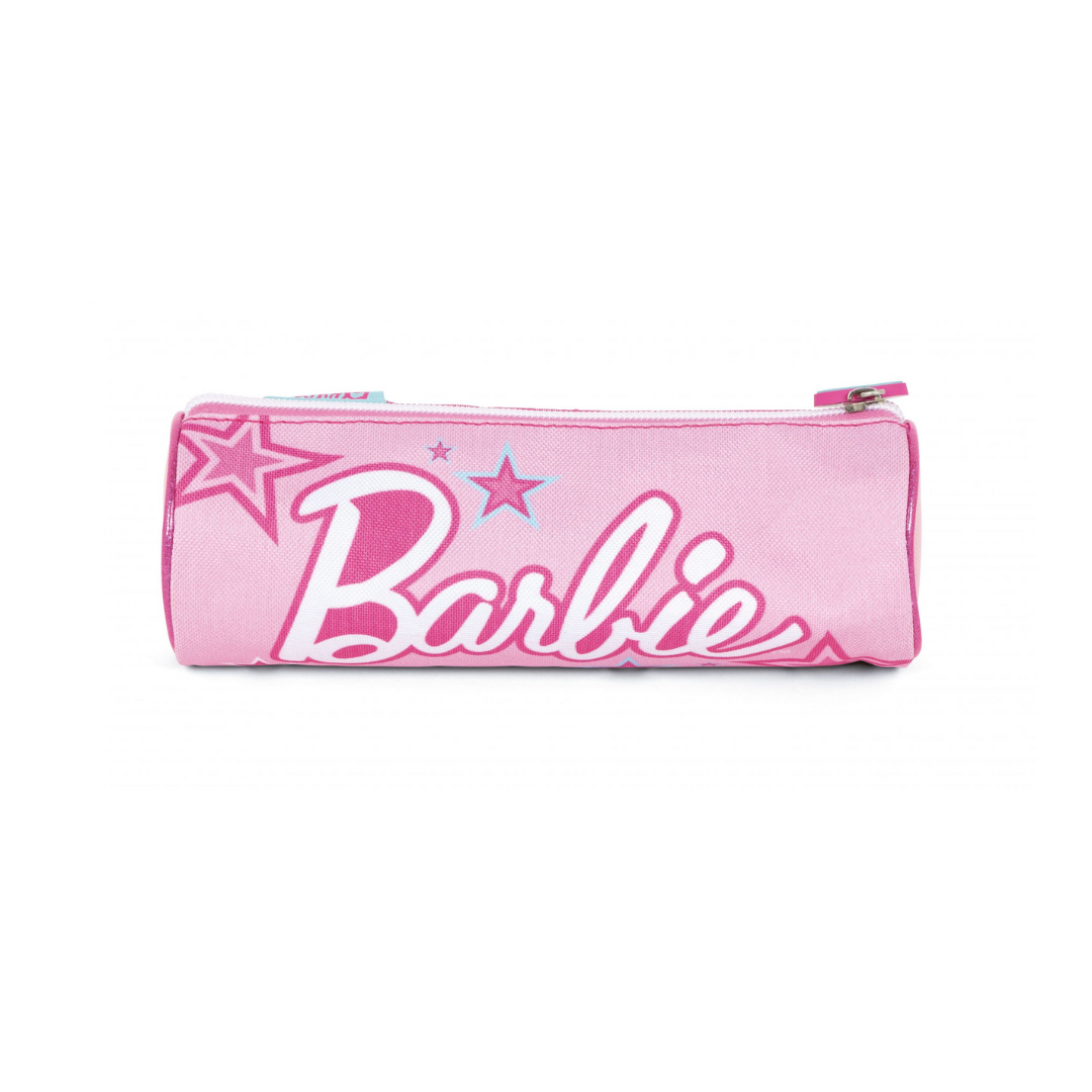 Estojo escolar rosa com o nome Barbie e estrelas decorativas