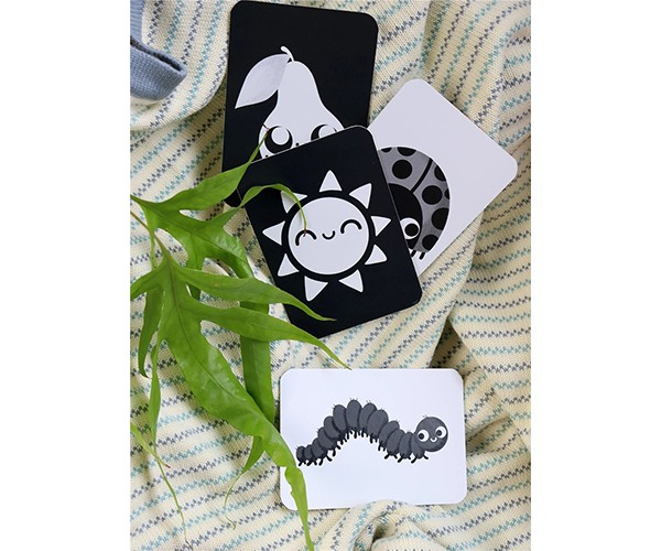 Cartões didáticos a preto e branco sobre manta bege com riscas verdes e folhas verdes