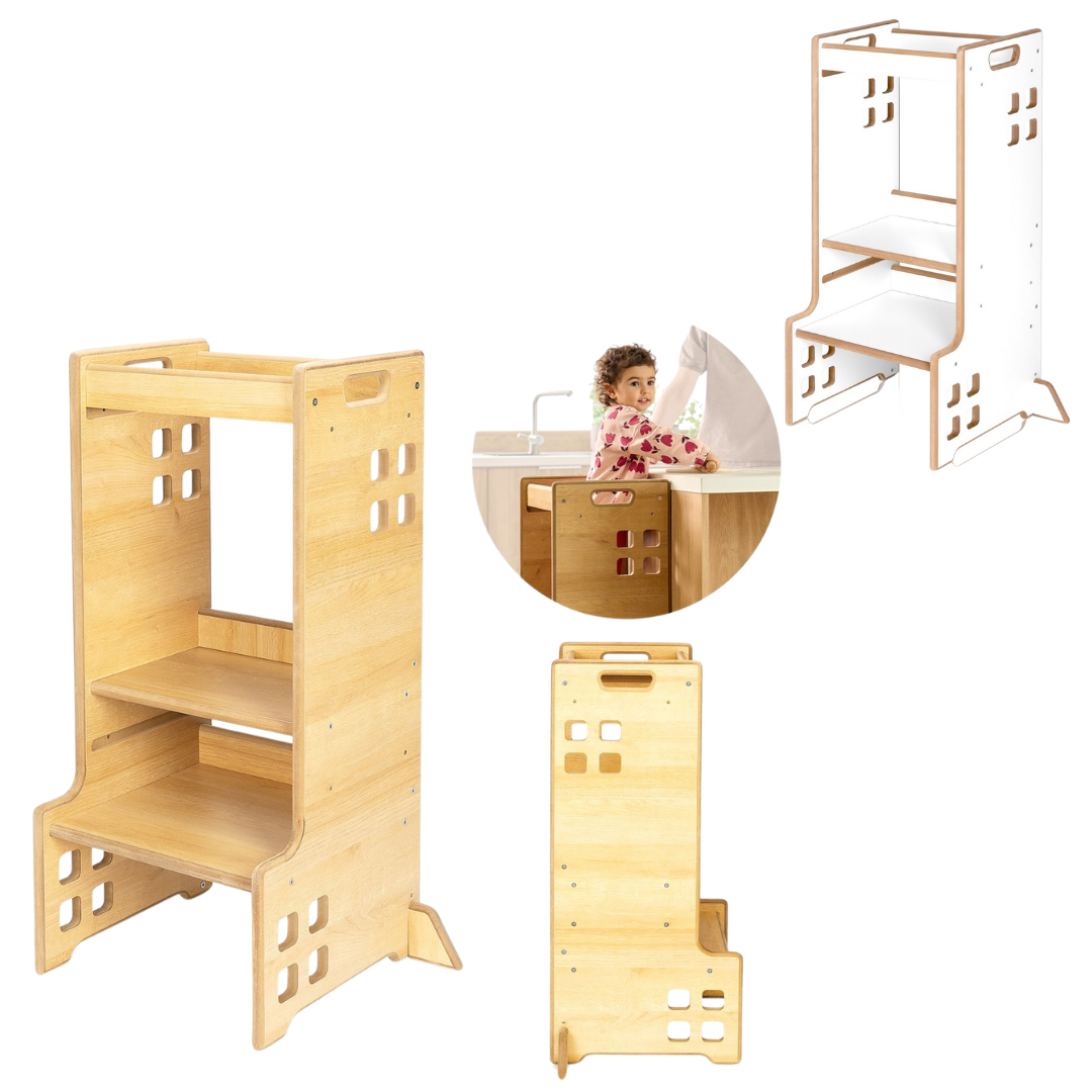 Torre de aprendizagem Montessori 2 em 1 Cass - madeira natural ou branco