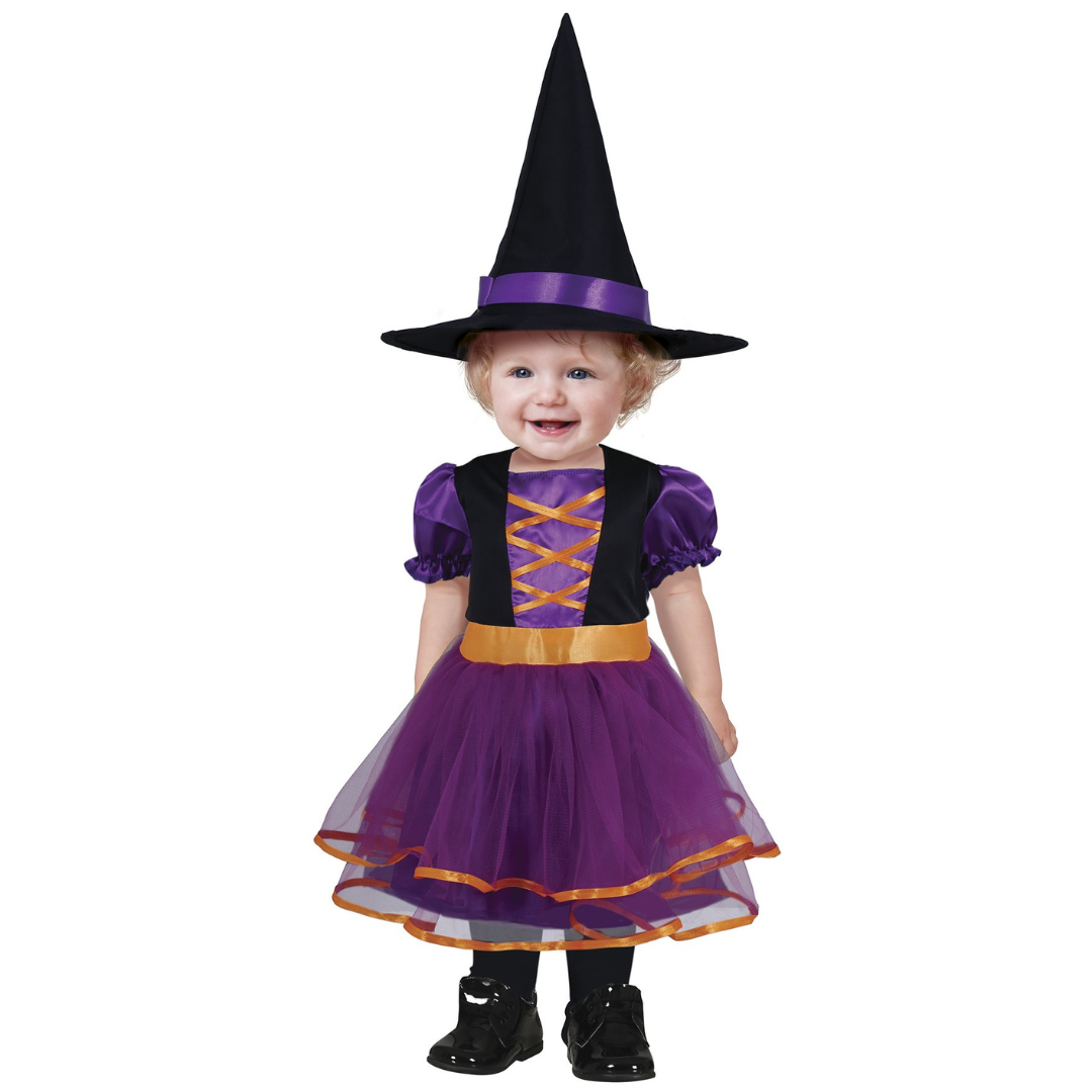 Fato de Halloween para bebé com vestido roxo e preto e chapéu de bruxa