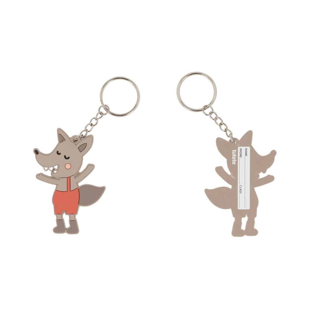 Porta-chaves de lobo cinzento com calções vermelhos e corrente metálica