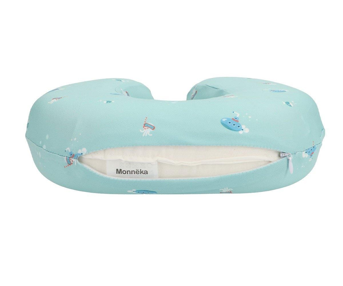 Almofada de amamentação azul-claro com padrão de animais e fecho de zíper