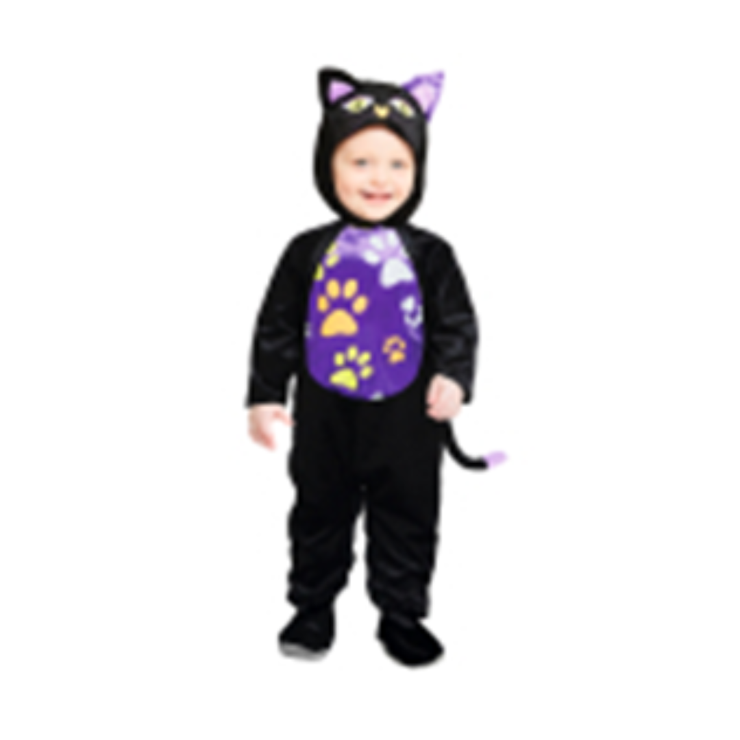 Criança com fato de gato preto com orelhas, cauda e padrão de patas amarelas e roxas