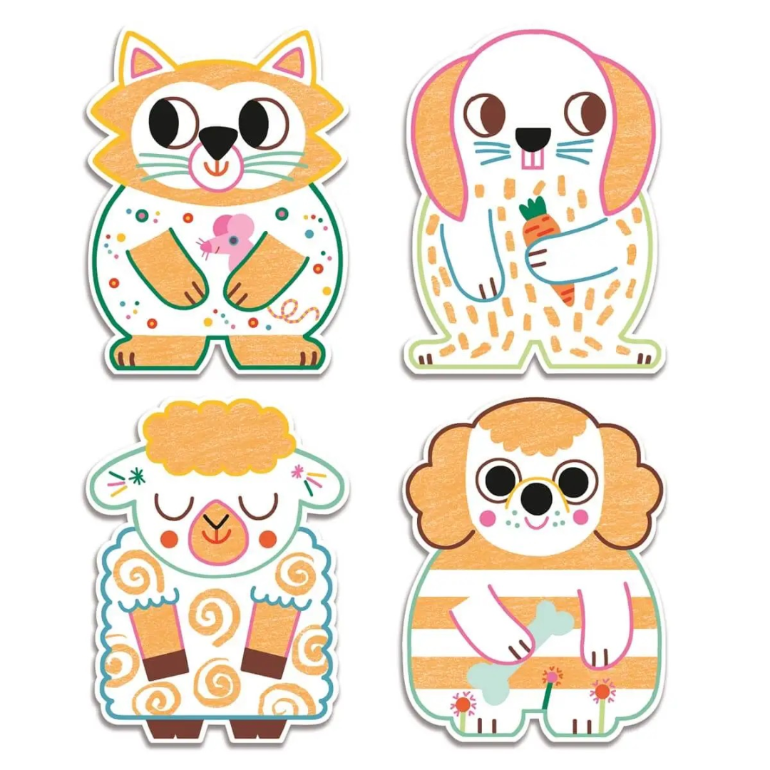 Quatro autocolantes de animais coloridos com diferentes padrões e texturas.
