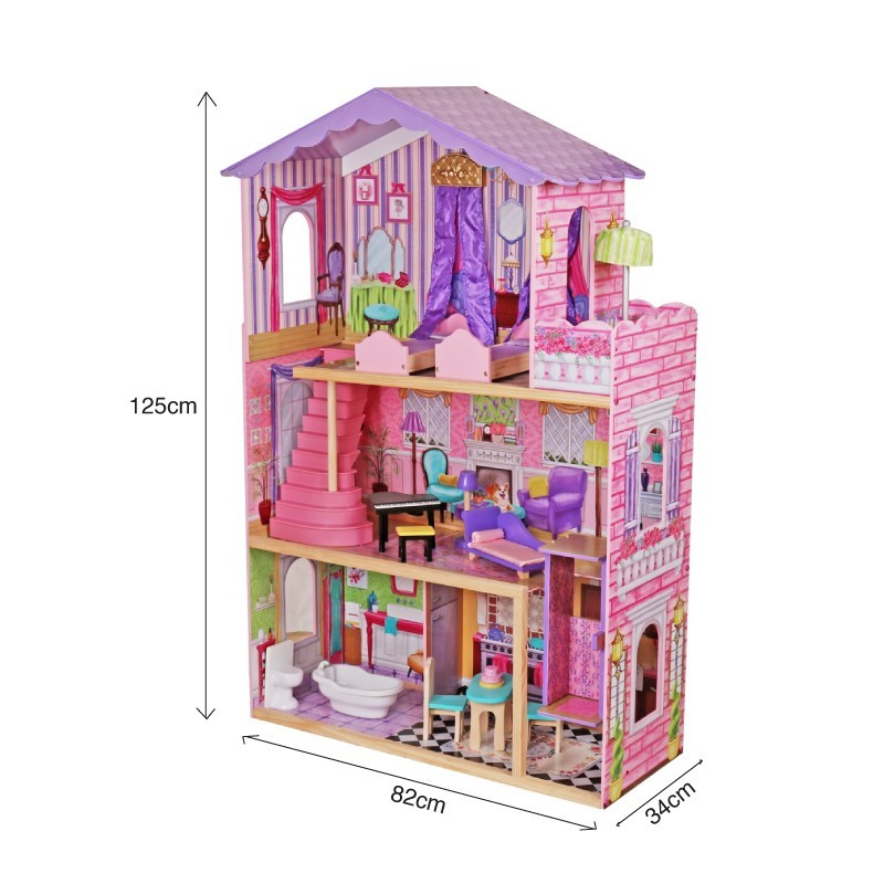 Casa de bonecas rosa e lilás com móveis interiores detalhados e três andares