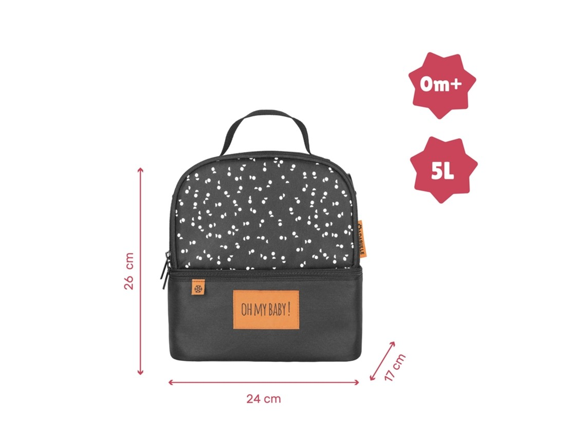 Mochila preta pequena com padrão branco e bolso frontal marcado OH MY BABY!